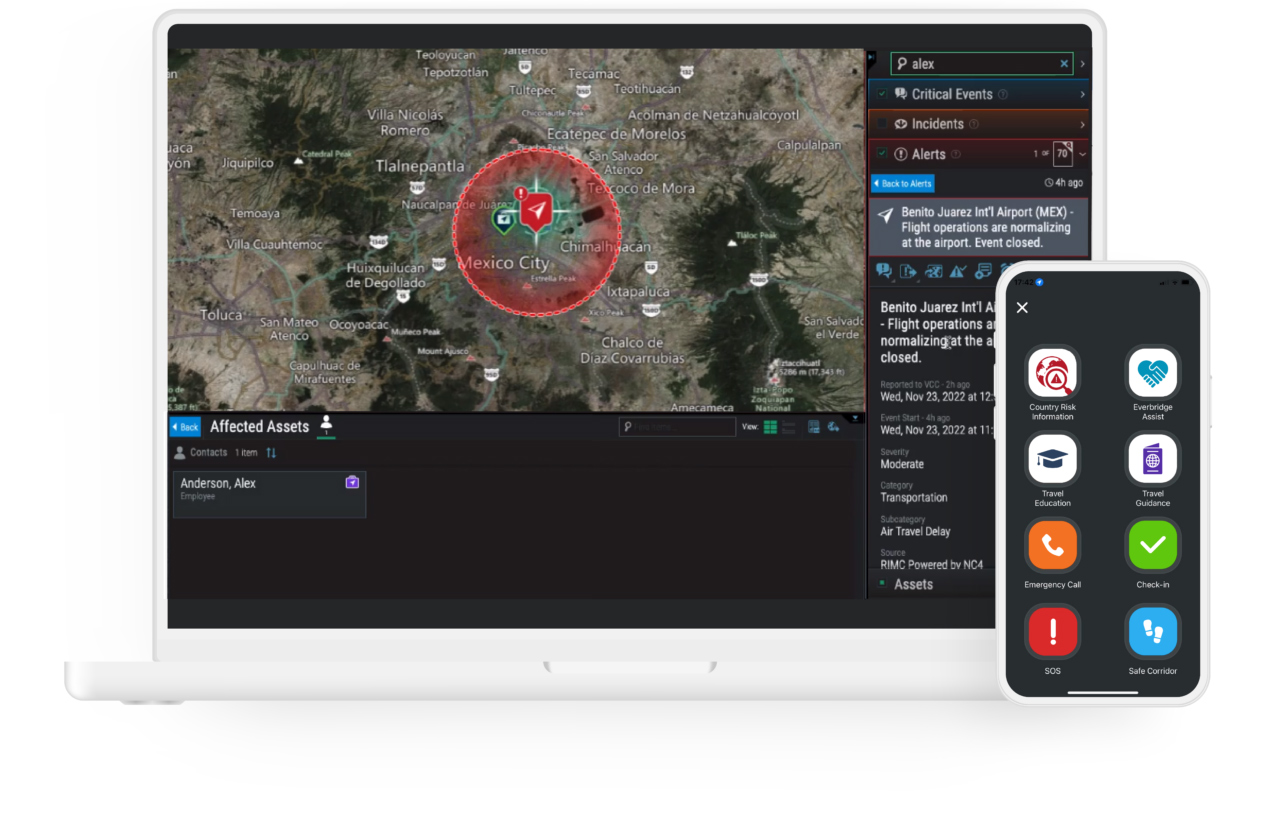 Security alert dashboard with Mexico City map