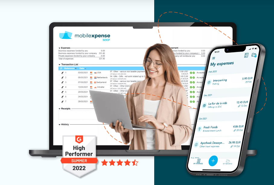 Woman using expense management software on laptop and smartphone