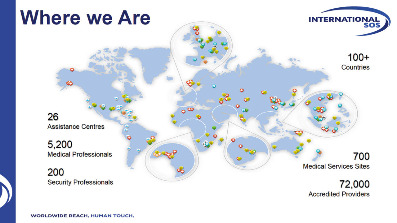 Global map showing International SOS locations and statistics