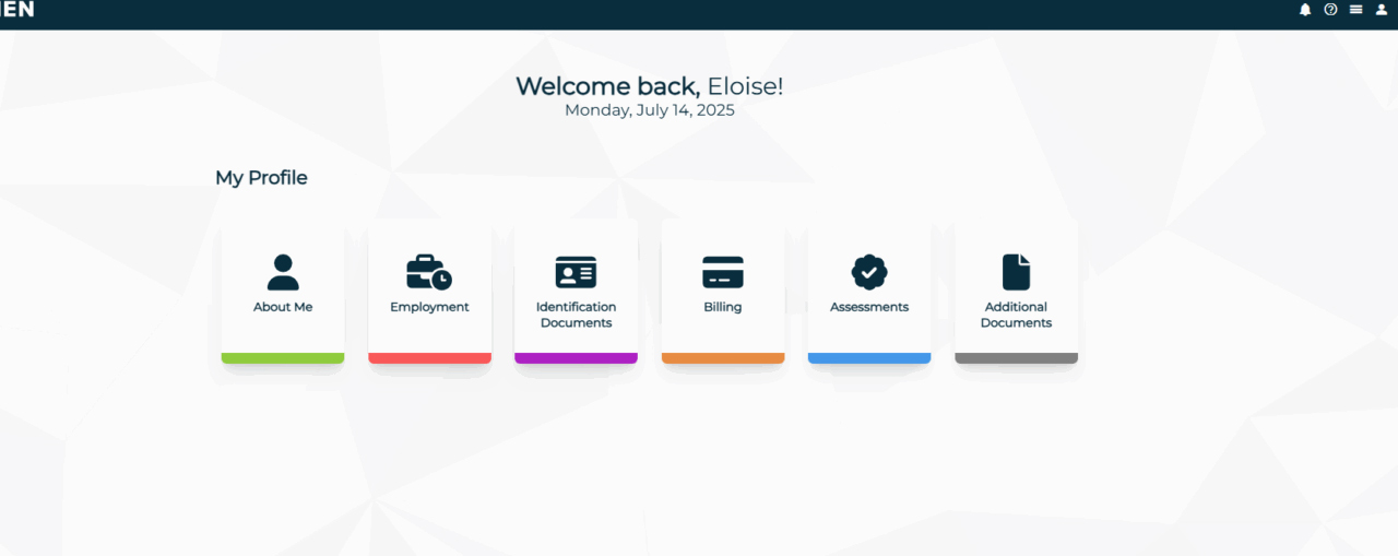 User profile dashboard with navigation icons