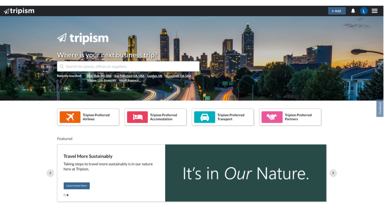 Tripism business travel homepage with city skyline banner