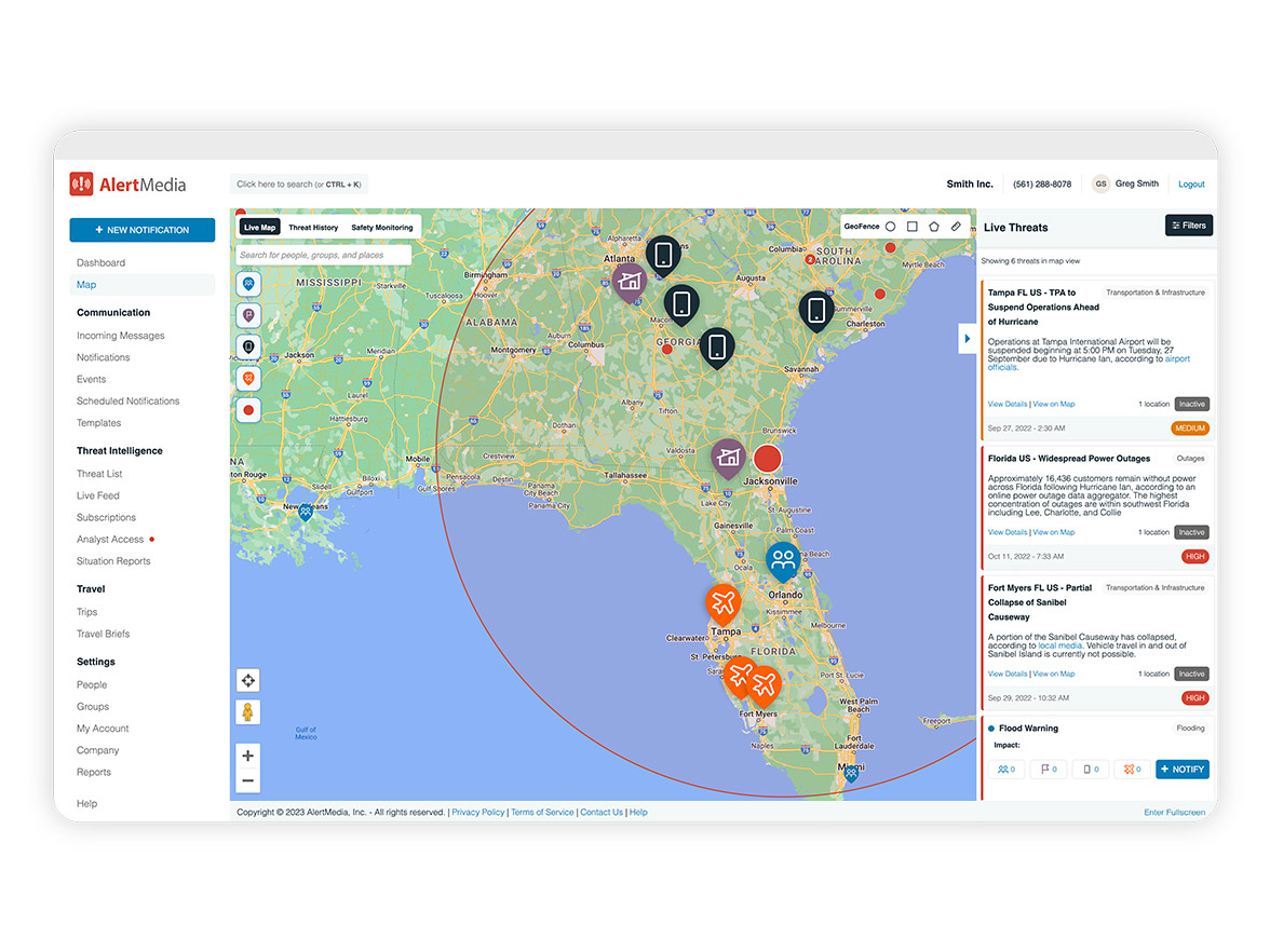 Emergency alert dashboard showing hurricane threats map