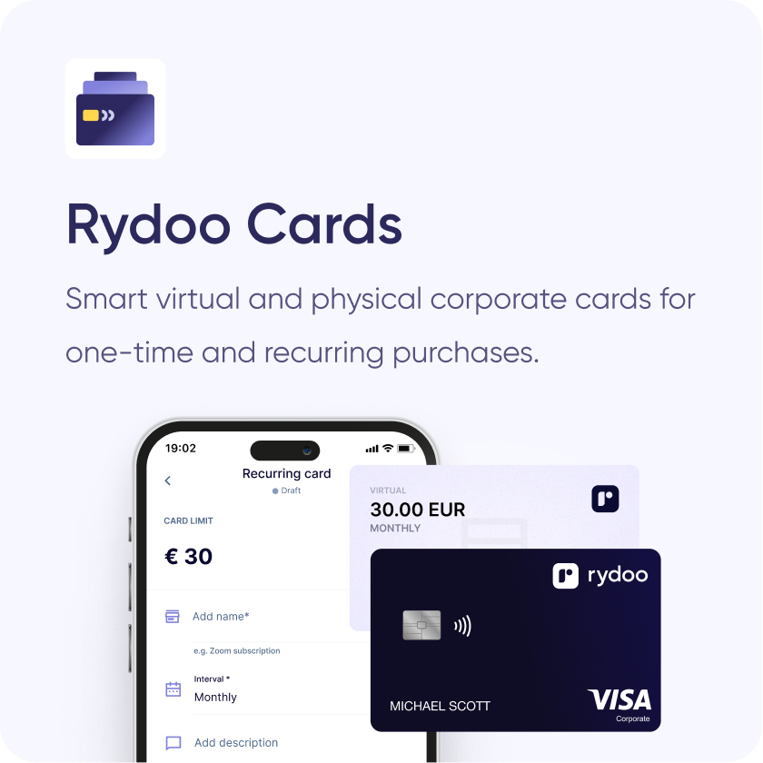 Rydoo corporate card and mobile app interface