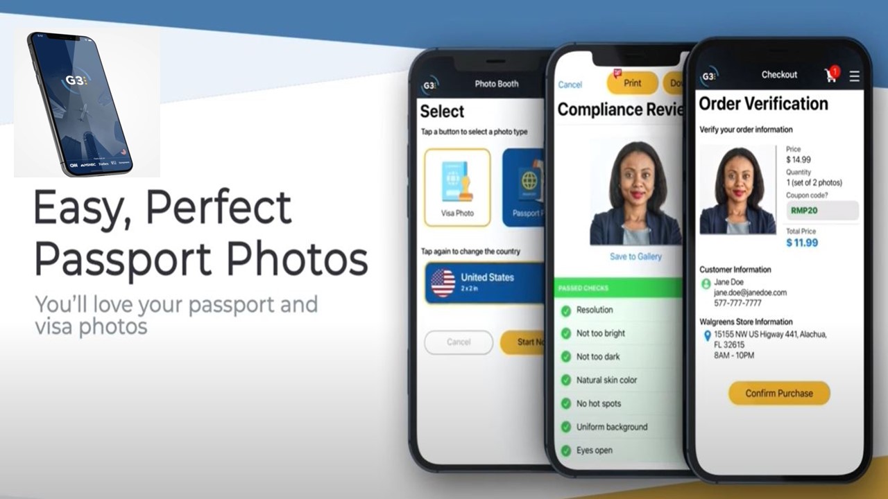 Passport photo app screens on smartphones