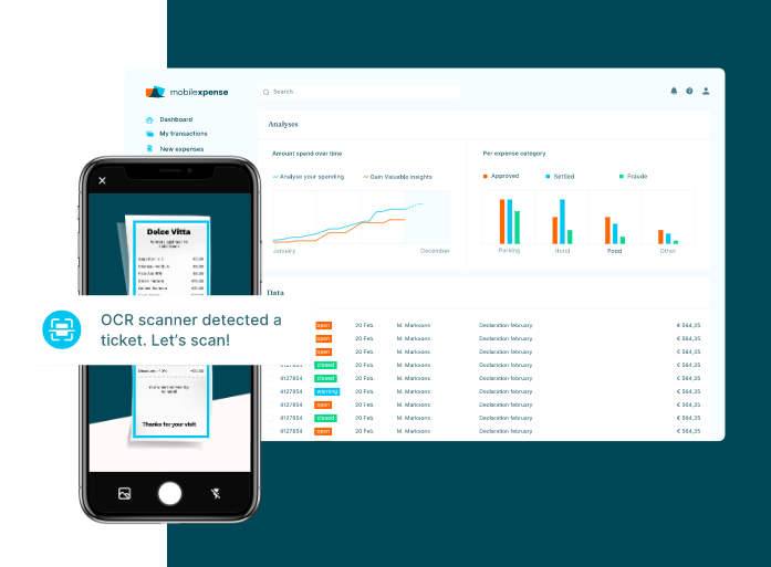 Mobile app scanning receipt with expense dashboard