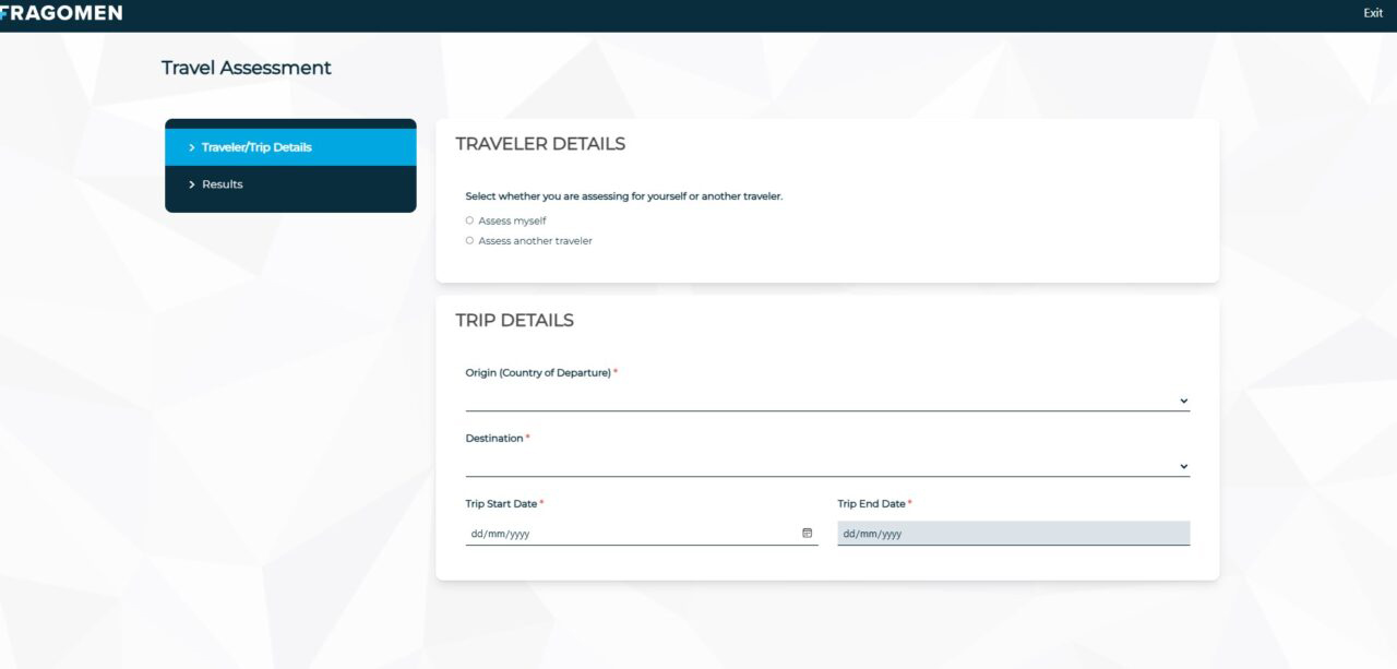 Travel assessment online form interface screenshot