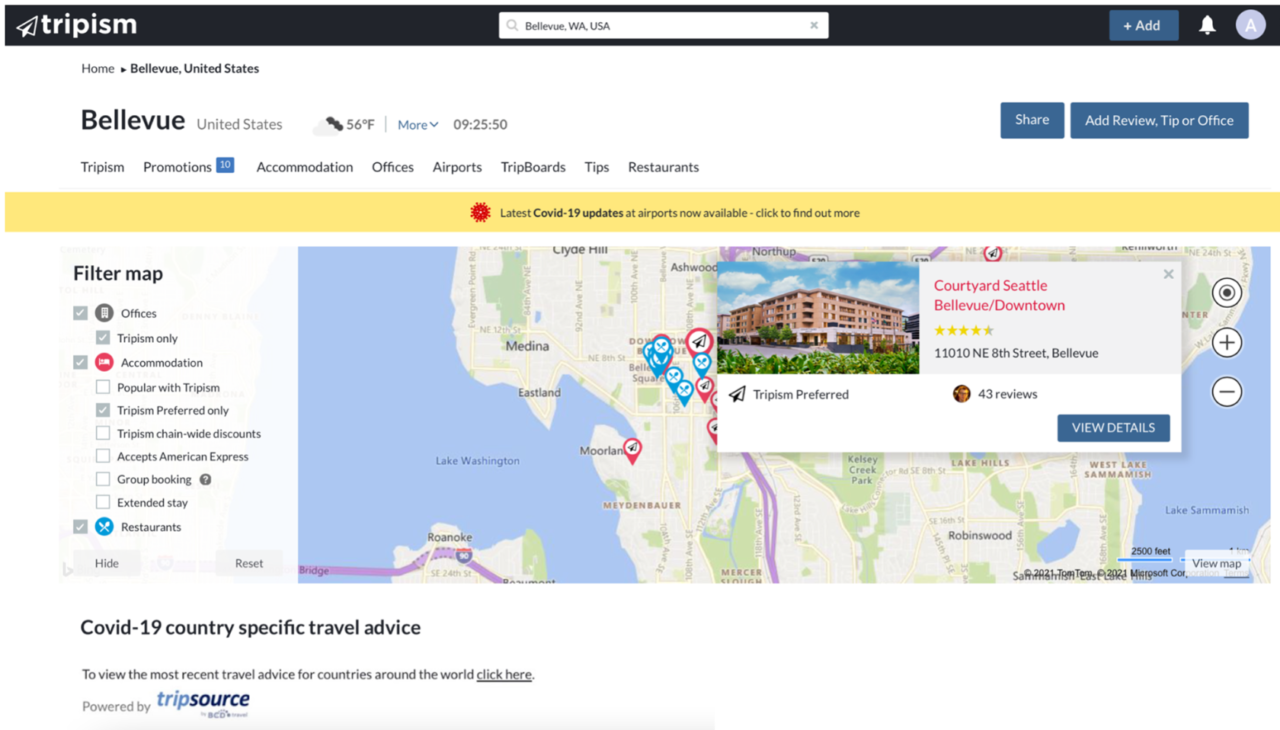 Tripism Bellevue page with hotel map listing