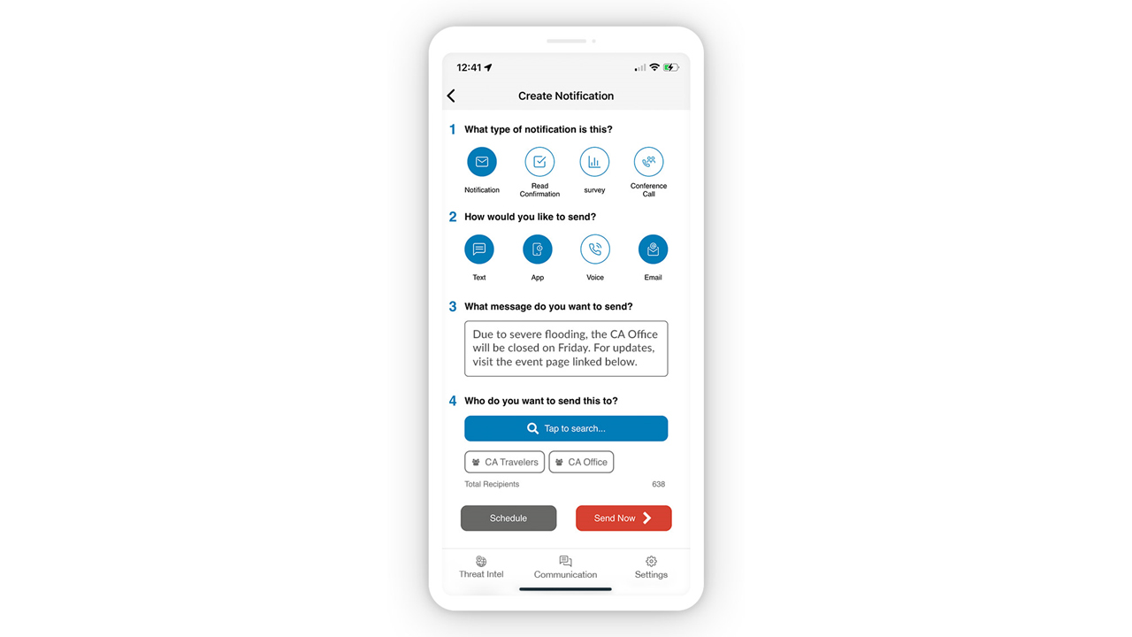 Smartphone app screen for creating emergency notification