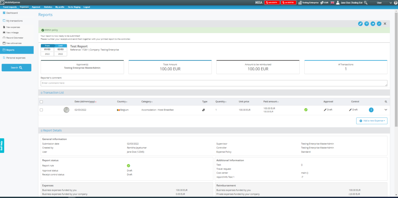 Expense report dashboard showing reimbursement details
