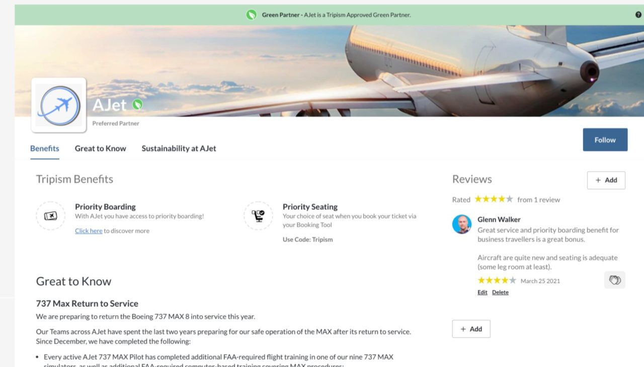 AJet partner webpage with airplane banner and reviews