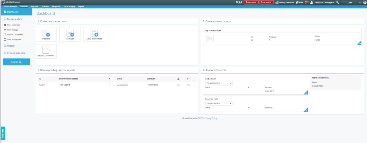 Mobile expense management dashboard interface