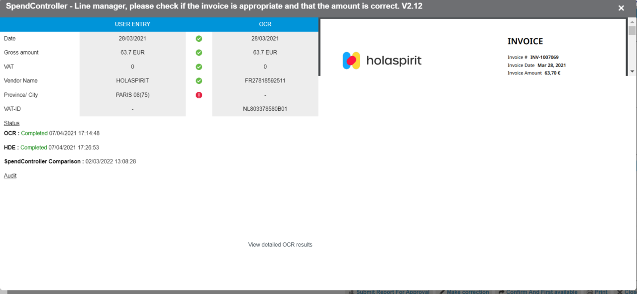 Invoice comparison screen with OCR validation details