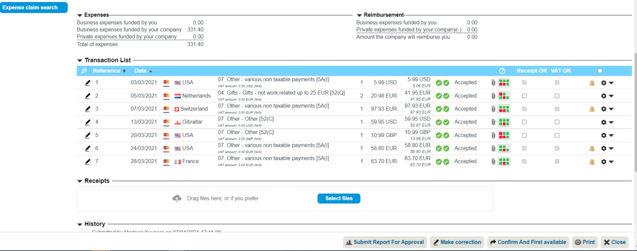 Expense claim transaction list and reimbursement summary screen