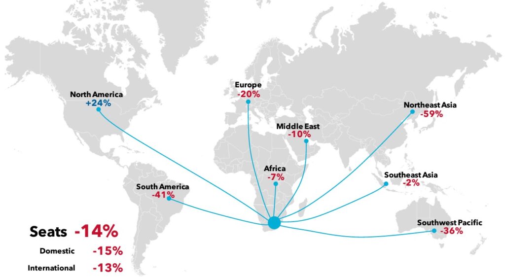 World map showing airline seat changes by region.