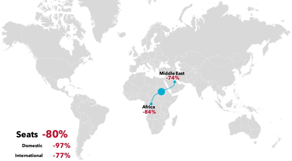 Map showing decreased seats: Africa and Middle East.