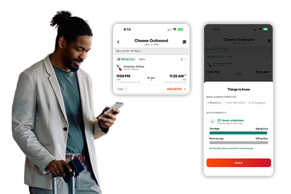 Traveler viewing flight booking app screens on smartphone