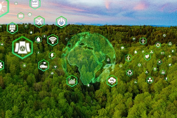 Digital green technology icons over forest and globe