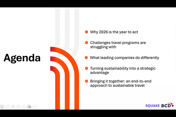 Agenda slide about sustainable travel strategy for 2026